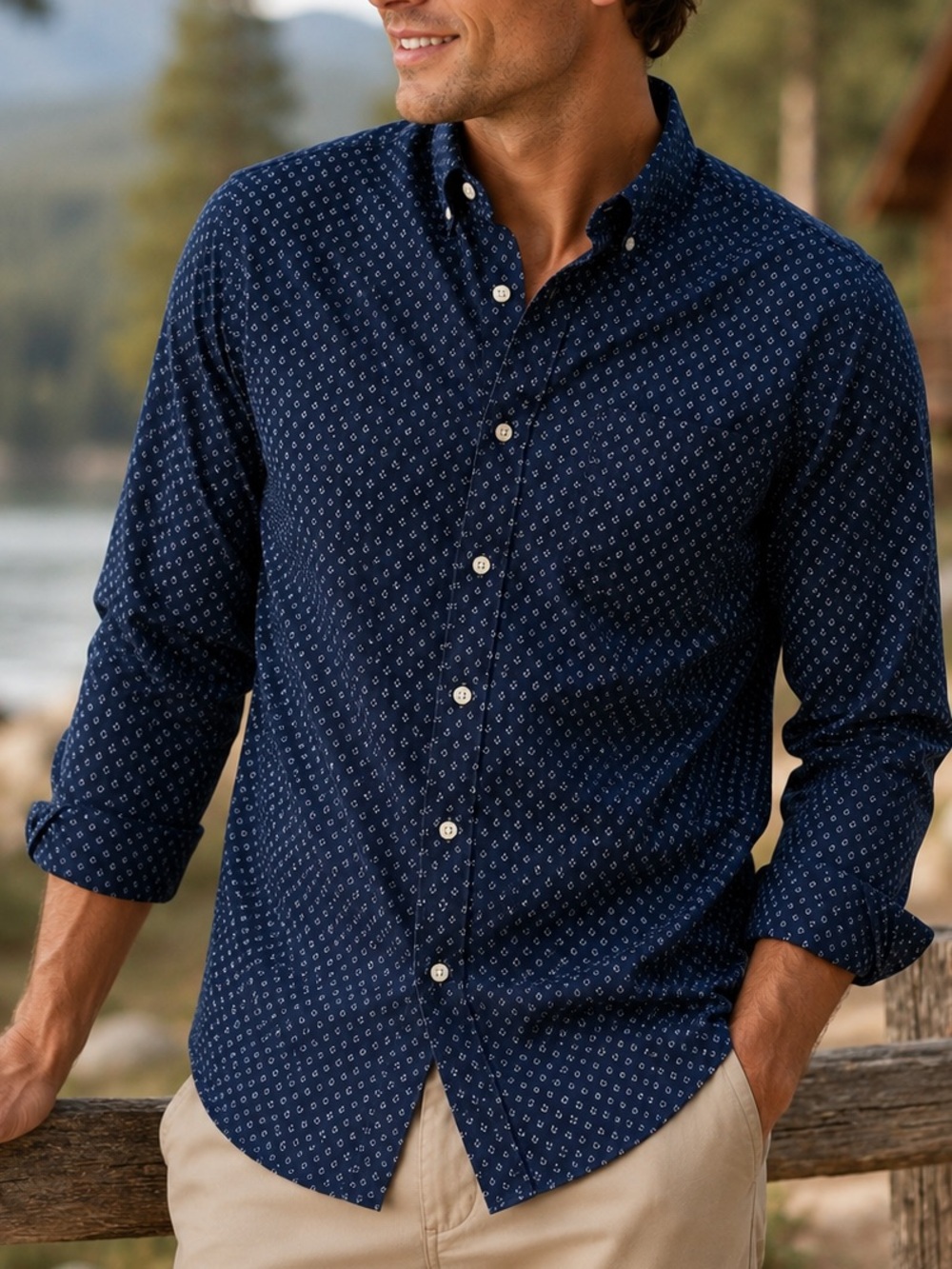 Ralph Lauren Men’s Button Down Shirt Navy Blue Micro Print Long Sleeve, Medium